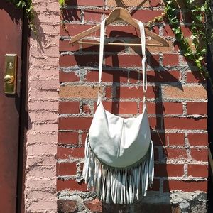 VNT white leather fringe bag